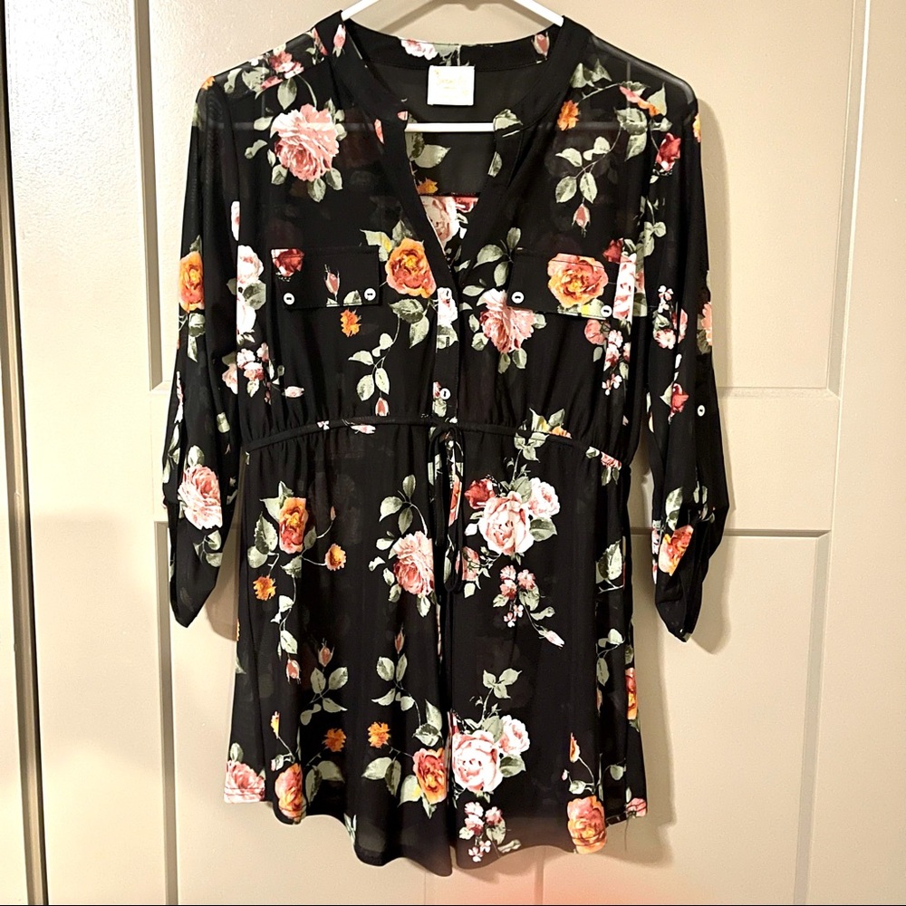 Black Floral Print Sheer Tunic Blouse Maternity Size M